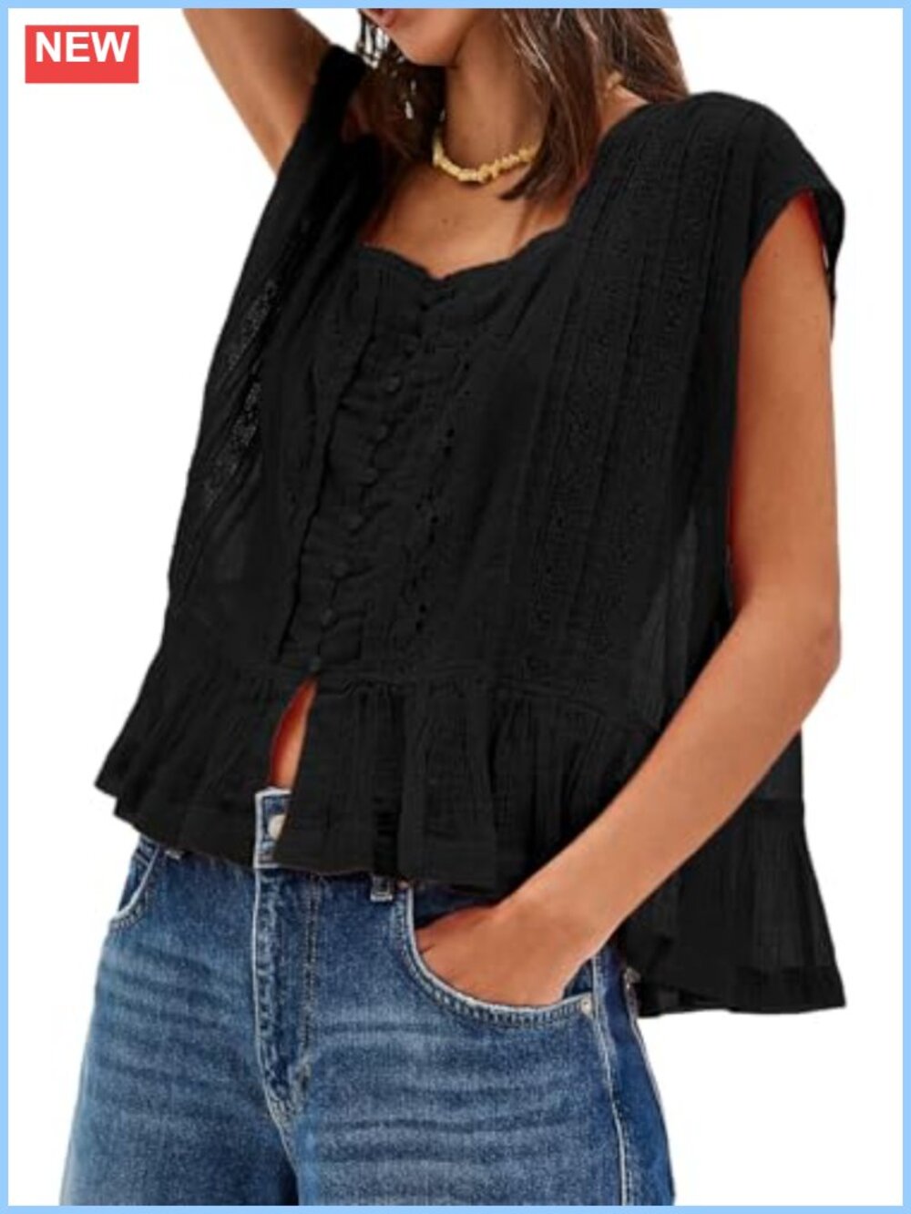 Lace Boho Tie Front Blouse Ruffle Trim Flowy Peasant Top